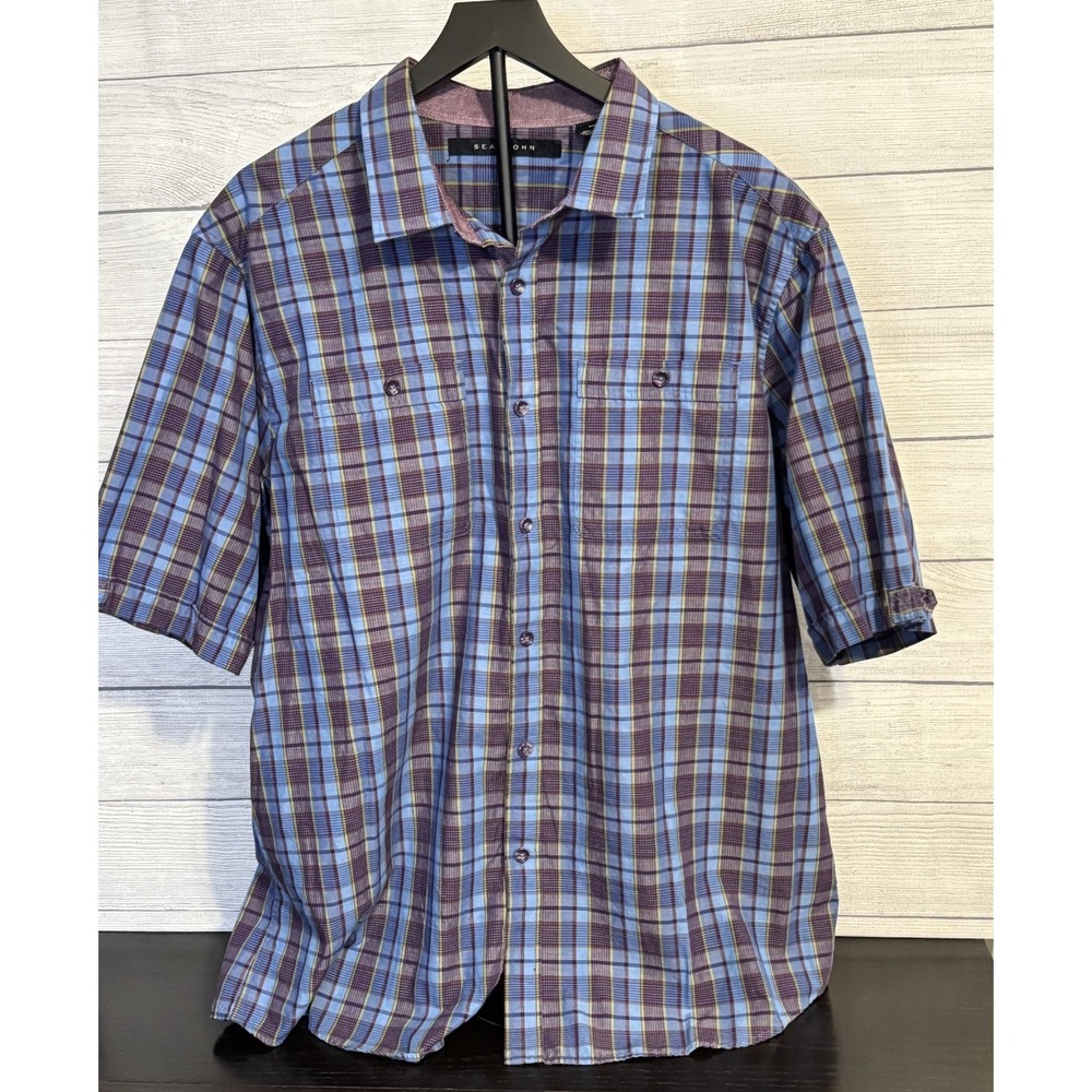 Sean John Men's 3XL Blue Purple Plaid Short Sleeve Button Up Shirt VGC